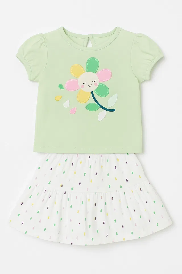 Cotton Printed Clothings Set for Girls (Green & White, 18-24 Months)