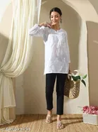 Cotton Chikankari Short Kurti for Women, White 