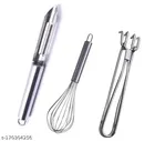 Stainless Steel Peeler with Cooking Tong & Whisk (Silver, Set of 3)