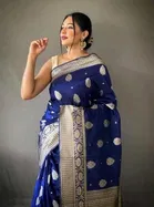 Litchi Silk Botanical Saree for Women, Navy Blue 