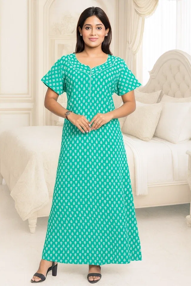 100% Cotton Printed Nightdress for Women (Green, Free Size)
