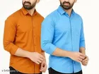 Cotton Blend Solid Shirts for Men, Orange & Blue, Pack of 2 