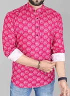 Cotton Blend Printed Short Kurta for Men 
