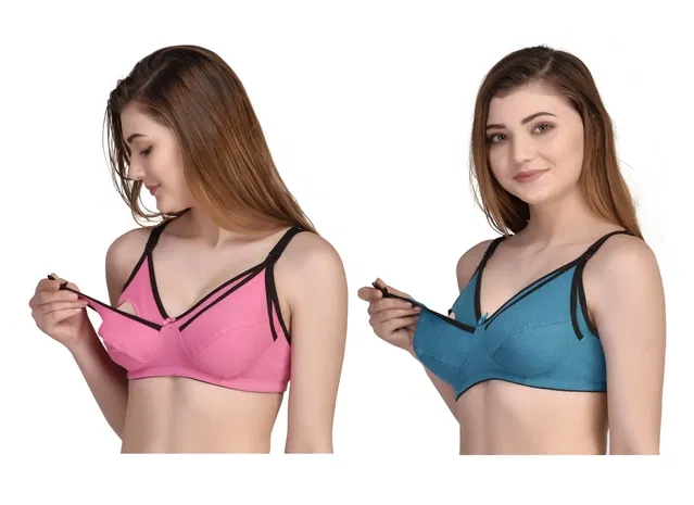 Cotton Blend Solid Non Padded Feeding Bras for Women (Multicolor, 40) (Pack of 2)