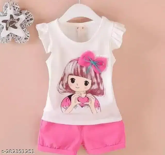 Hosiery Cotton Sleeveless Top & Bottom Clothing Set for Girls (White & Pink, 9-12 Months)
