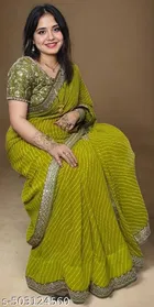 Georgette Solid Saree for Women, Olive 