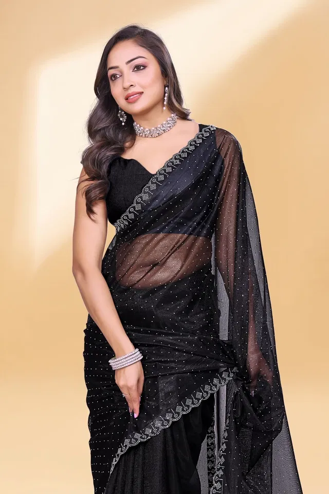 Net Embellished Saree for Women (Black, 6.3 m)