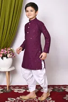 Rayon Cotton Embellished Kurta with Dhoti for Boys, Wine & White 