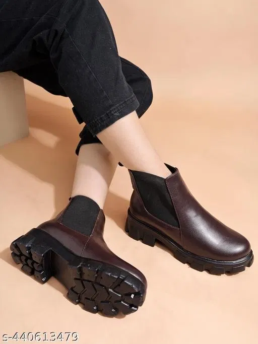 Shoetopia Solid Synthetic Heeled Boots Brown (IND-6)