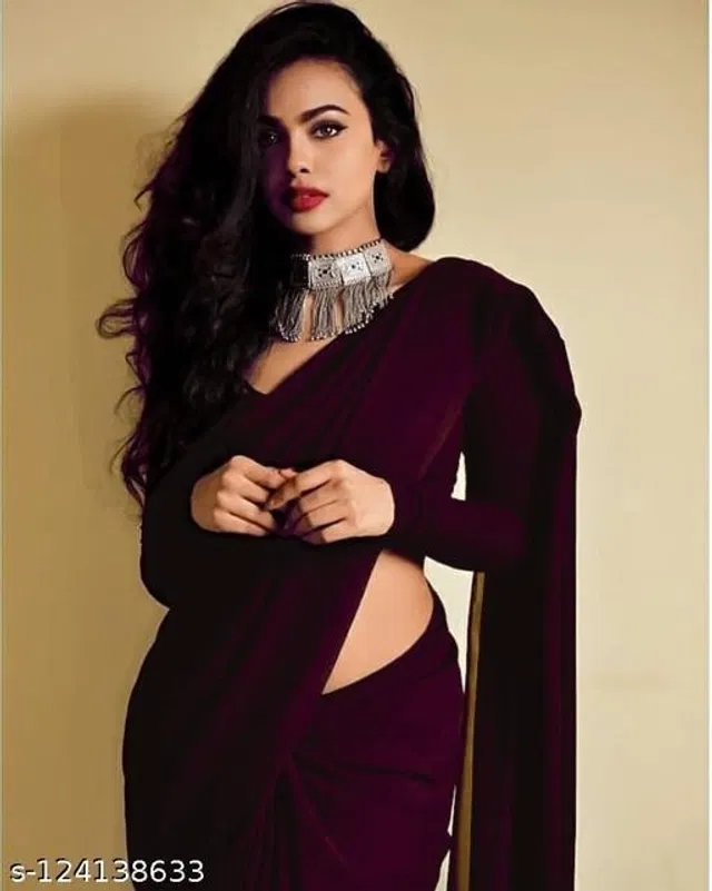 Georgette Solid Saree for Women (Wine, 6.3 m)