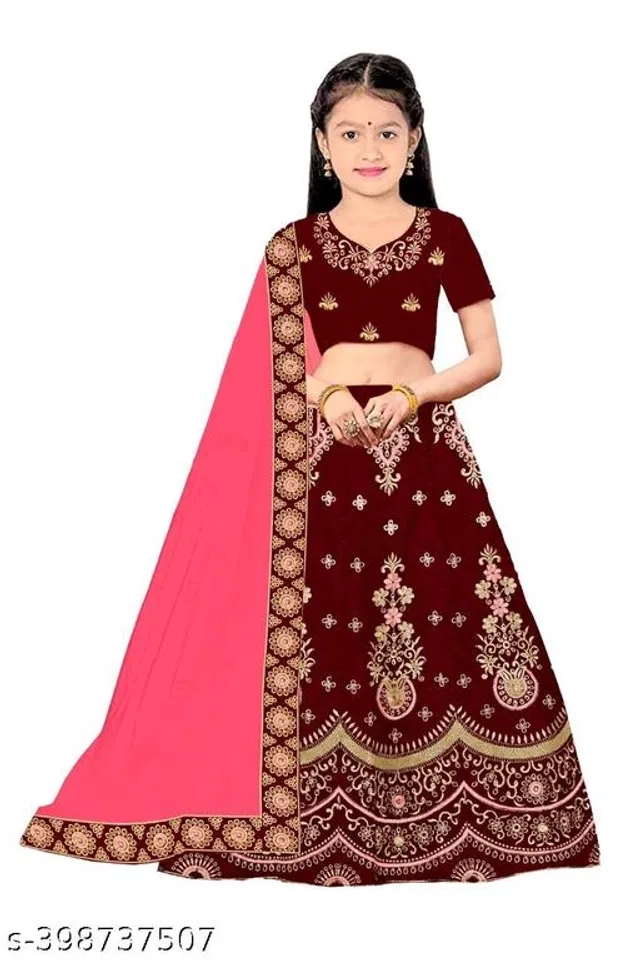 Satin Embroidered Lehenga with Choli & Dupatta for Girls (Maroon & Pink, 5-6 Years)