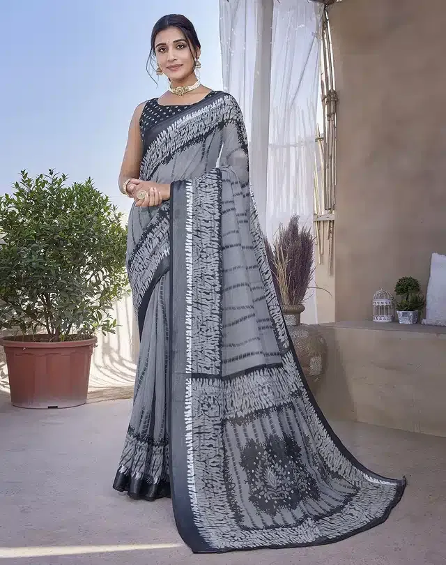 Linen Printed Saree for Women (Grey, 6 m)