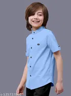 Solid Cotton Blend Mandarin Collar Short Sleeve Shirt for Boys 