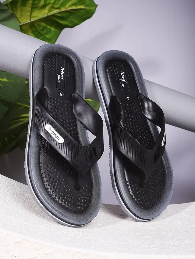 action Casual Flip Flops for Men (Black, 9)