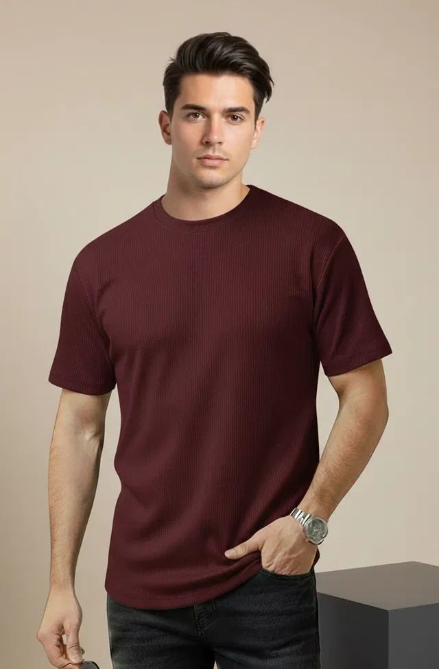 Polyester Round Neck T-shirt for Men, Maroon (M)