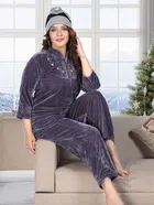 Velvet Solid Nightsuit for Women (Grey, M)