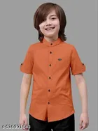 Solid Cotton Blend Mandarin Collar Short Sleeve Shirt for Boys 