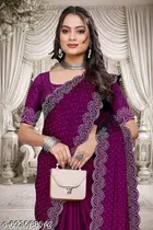 Georgette Embroidered Saree For Women, Purple
