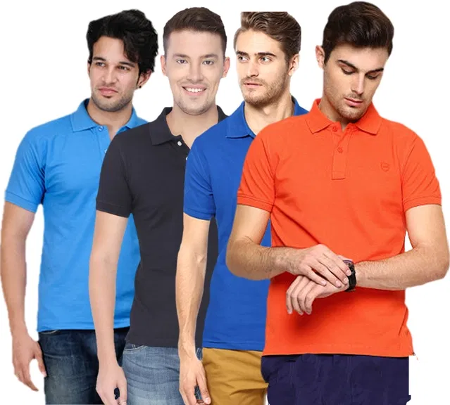 Polo Solid Cotton Blend T-shirts for Men, Pack of 4 (Multicolor, M)