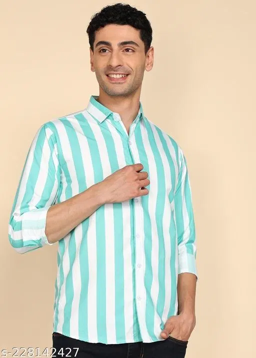 Cotton Striped Shirts for Men, Sky Blue (L)