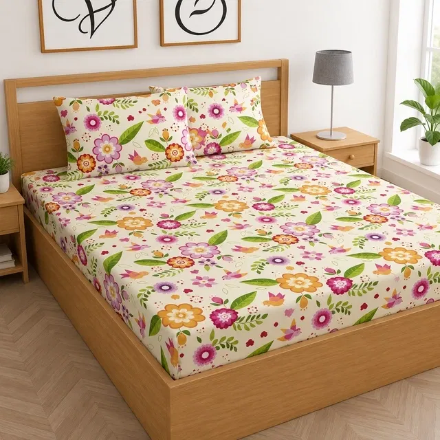Cotton Feel Fitted (Elastic) Double Bedsheet Abstract Print