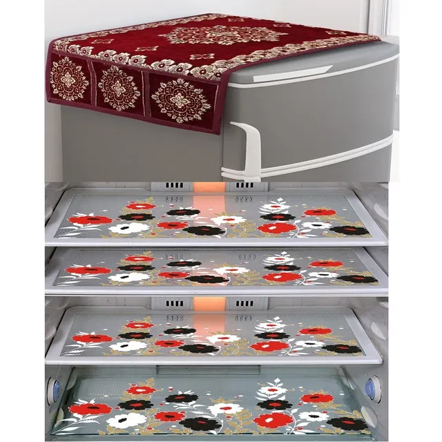 PVC Waterproof Fridge Top Cover with 4 Pcs Shelf Mats (Multicolor, Set of 1)
