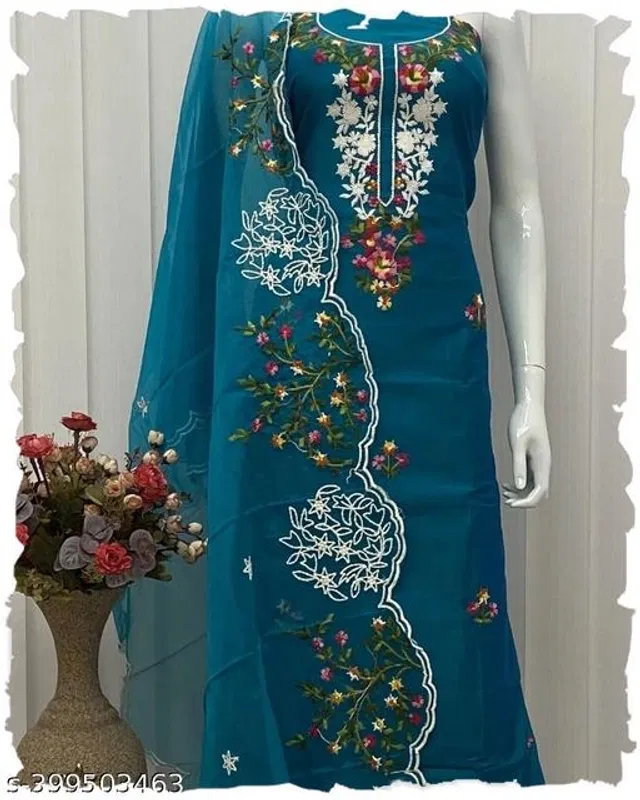 Embroidered Unstitched Suit for Women (Teal, 2.25 m)