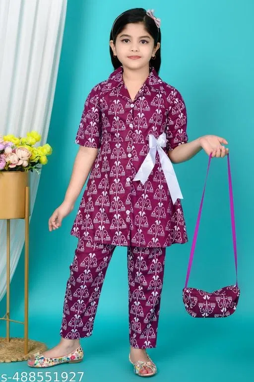 Printed Kurta Pajama Set for Girls (Multicolor, 6-7 Years)
