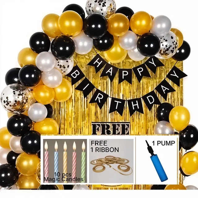 35 Pcs Happy Birthday Combo Kit (Multicolor) with Happy Birthday Black Banner + 2 Golden Curtain + Golden Black And silver Hd Metallic Balloon Pack Of 30 + And Megic Candle+Ribben+Pump Free