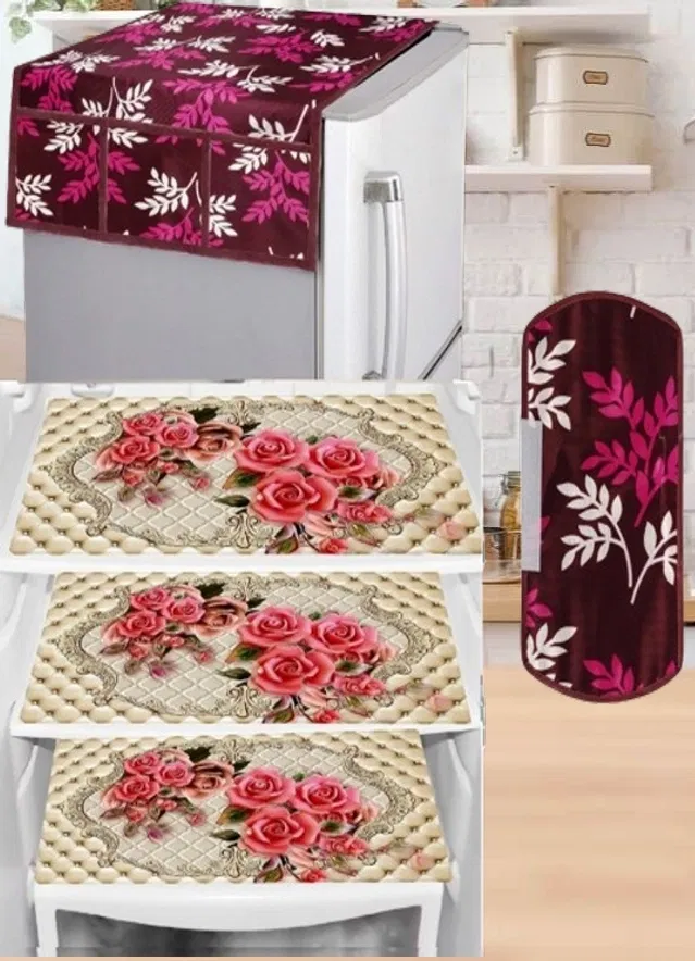 PVC Printed Fridge Top Cover with 3 Pcs Shelf Mats & Handle Cover (Multicolor, Set of 1)