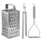 Oc9 स्टेनलेस स्टील 4 in 1 स्लाइसर एंड ग्रेटर & रोटी चिमटा & पोटैटो मेशर फॉर किचन टूल सेट 