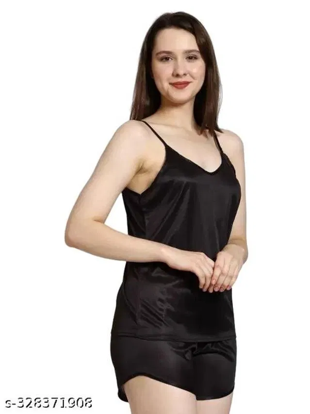 Satin Nightdress Set for Women (Black, L)