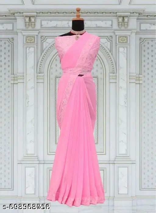 Georgette Solid Saree For Women, Pink