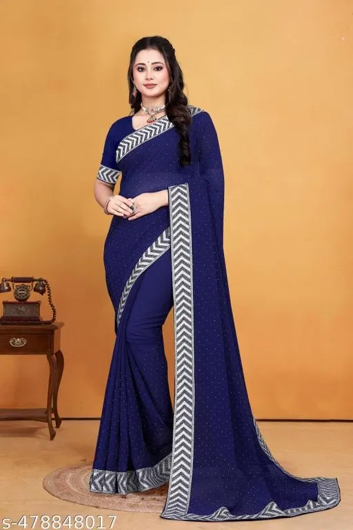 Georgette Solid Saree For Women, Blue