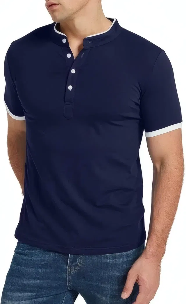 Mandarin Collar Solid T-Shirt for Men (Blue, L)