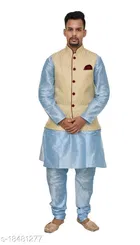 Cotton Blend Solid Kurta with Pyjama & Jacket for Men 