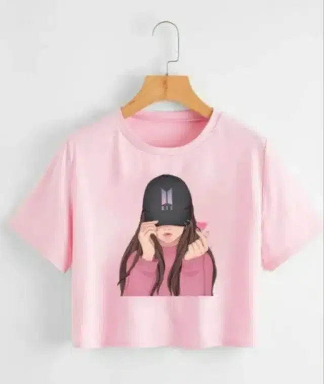 Printed Crop T-shirt for Women (Pink, XL)