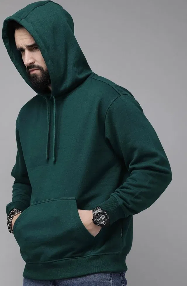 Fleece Solid Hoodie for Men (Bottle Green, L)