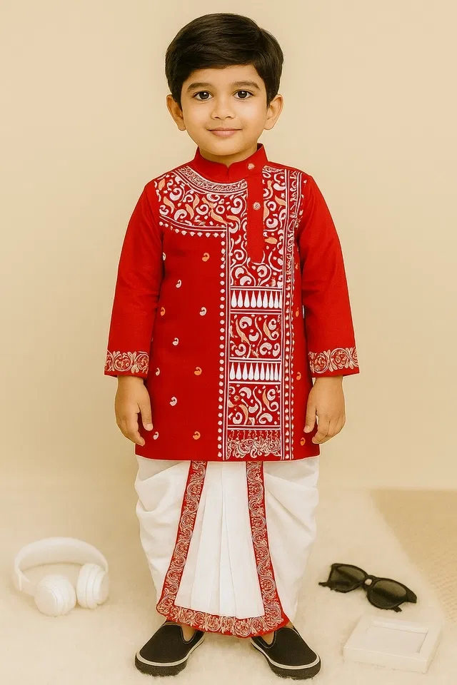 Cotton Printed Kurta with Dhoti for Boys, Red & White (2-3 Years)