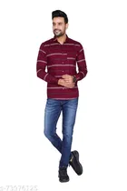 Cotton Blend Striped Shirt for Men, Maroon 