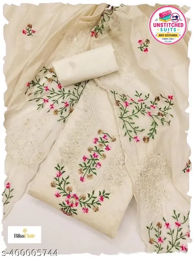 Embroidered Unstitched Suit for Women (Cream, 2.25 m)