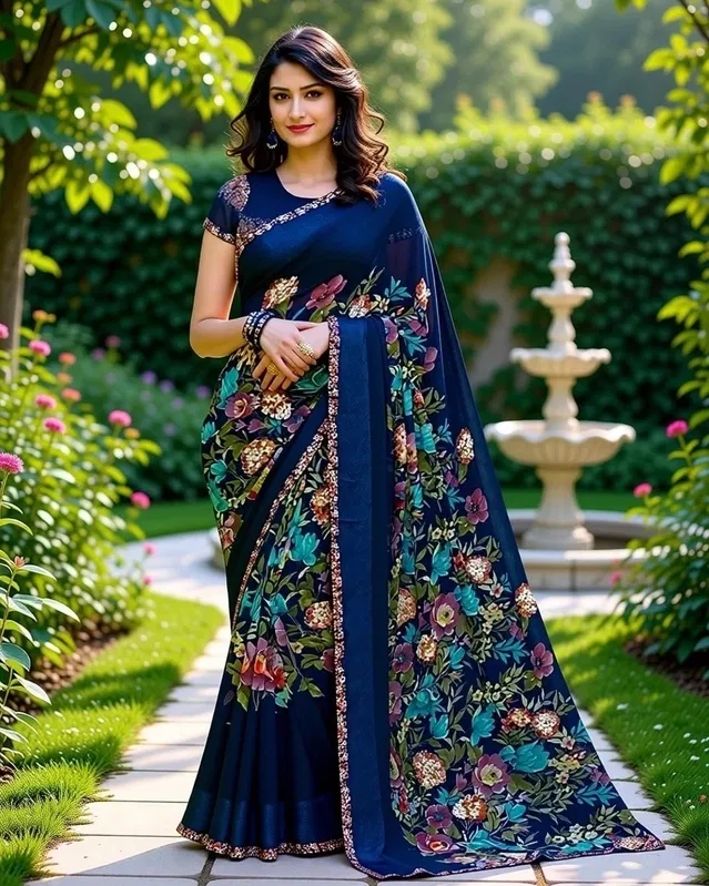 Georgette Floral Print Saree for Women (Blue)