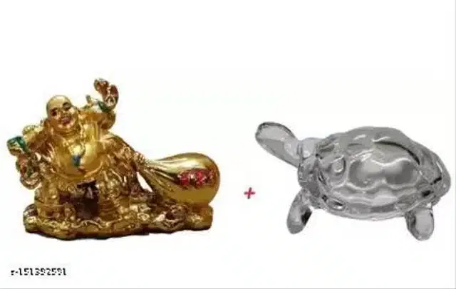 Crystal Turtle & Laughing Buddha Idol (Gold & Transparent, Set of 2)