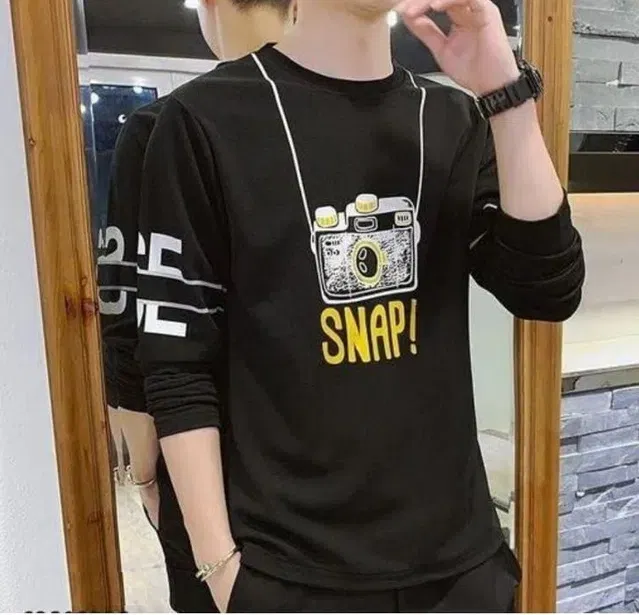 Men's Printed Full Sleeves T-Shirt (Black, L) (SV-35)