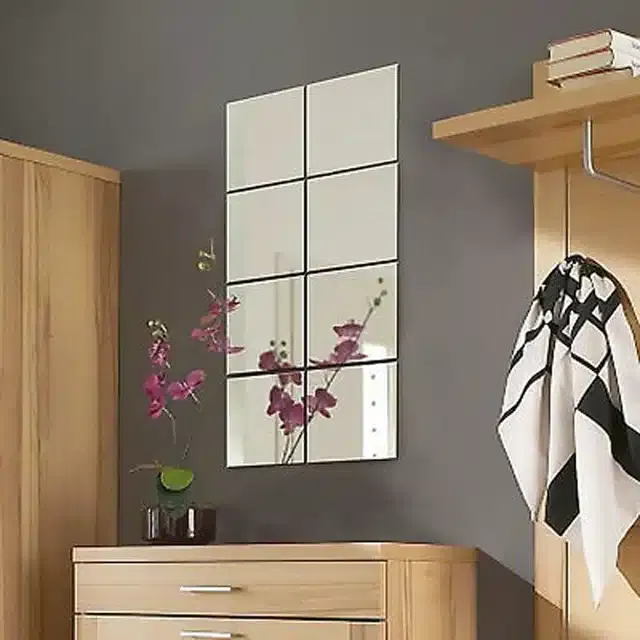 Acrylic Square Shaped Wall Mirror Stickers (Silver, Pack of 8)