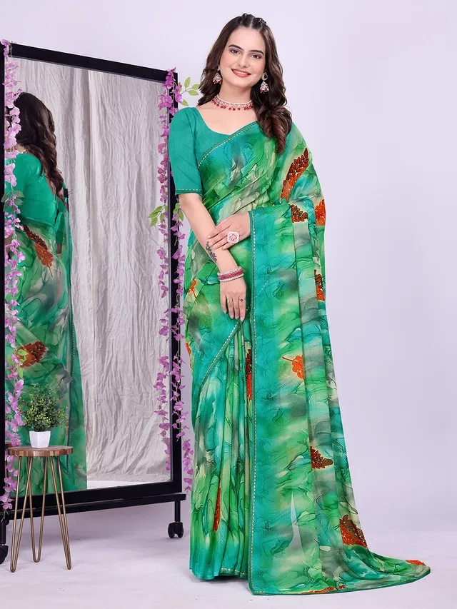 Georgette Printed Saree for Women (Green, 6.3 m)