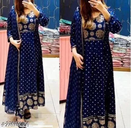 Printed Anarkali Dupatta Set for Women (Navy Blue, XL)