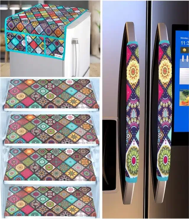 Knit Printed Fridge 4 Pcs Mat with 2 Pcs Handle & Top Cover (Multicolor, Set of 1)