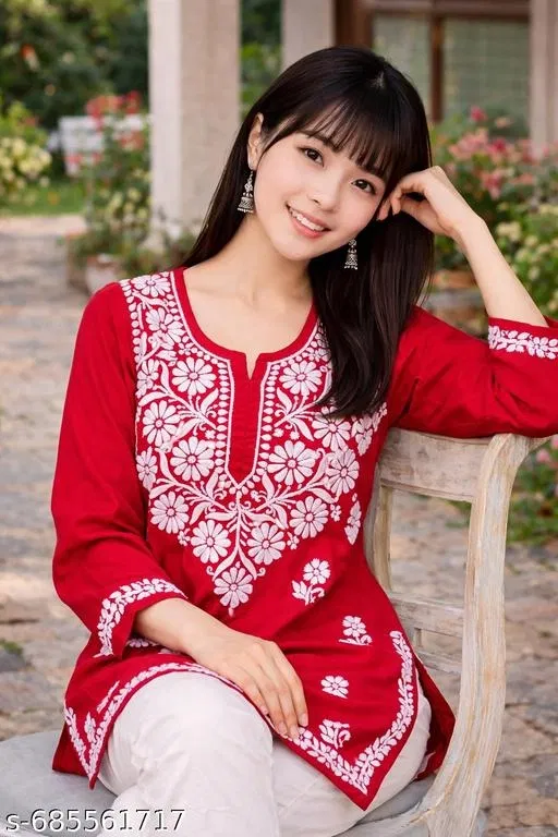 Chikankari Embroidery Short Kurti for Women (Red, XXL)