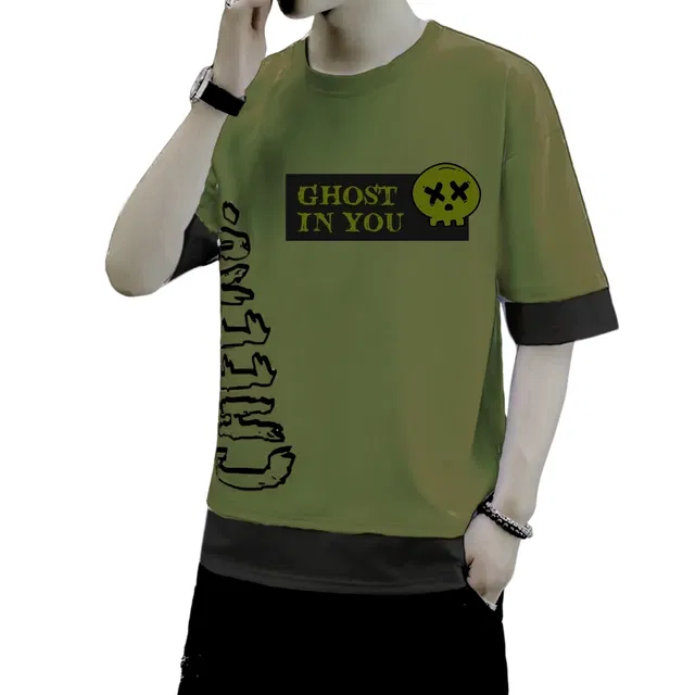 Cotton Blend Round Neck T-Shirts for Boys (Olive, 9-10 Years)